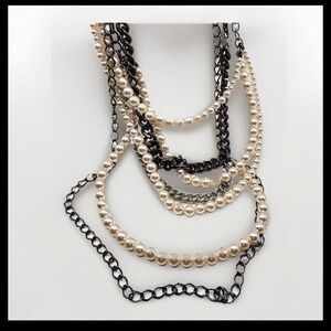 Multi Strand Faux Pearl and Gunmetal Chain Layered Statement Necklace Edgy Mixed